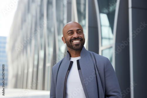Portrait of a Saudi Arabian man in his 40s in a modern architectural background wearing a chic cardigan