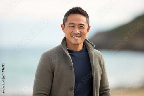Portrait of a handsome asian man smiling at the beach.