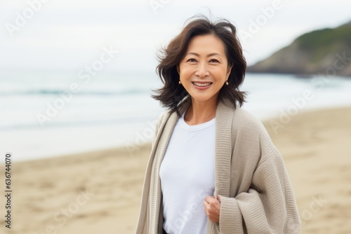 Portrait of a smiling senior woman standing on the beach and looking at camera
