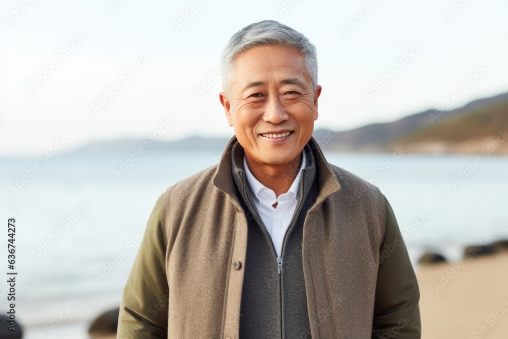 Portrait of a smiling senior man standing on the beach by the sea