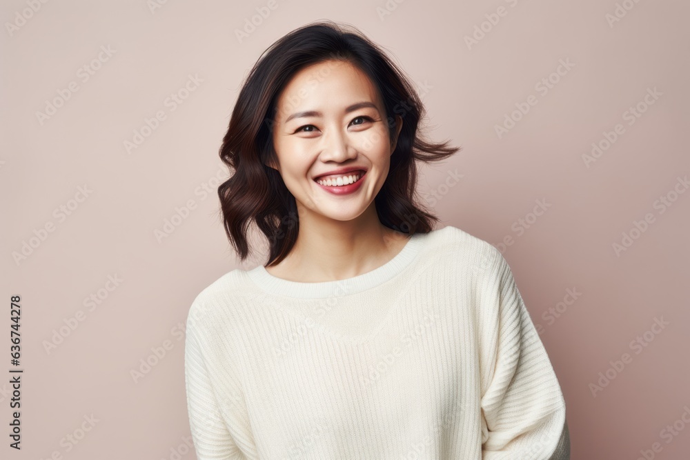 Portrait of a Chinese woman in her 30s in an abstract background wearing a cozy sweater Portrait of a Chinese woman in her 30s in an abstract background wearing a cozy sweater