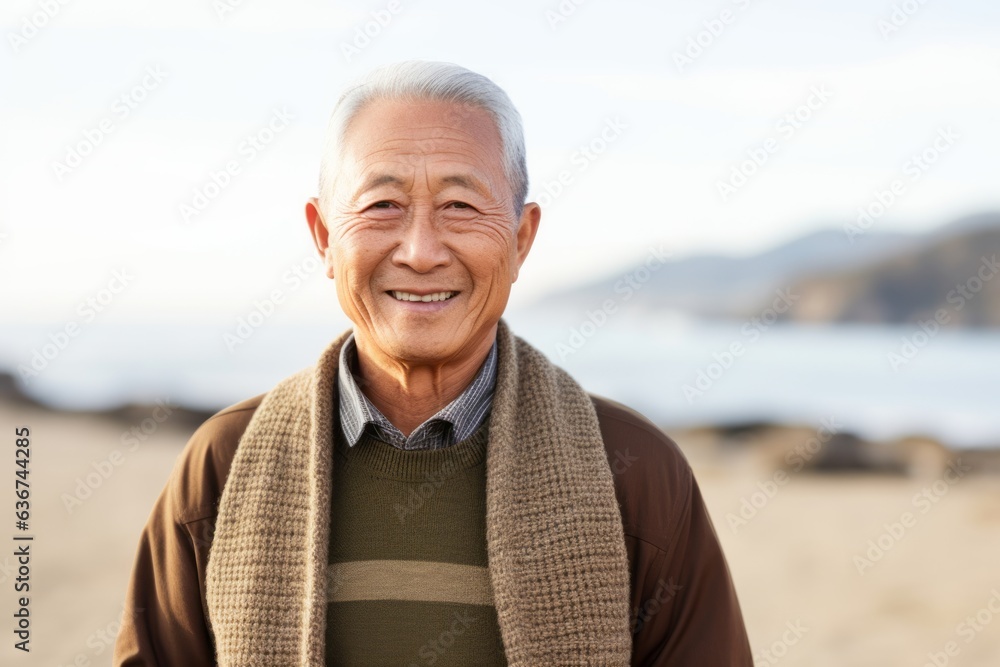 Portrait of happy senior man standing on beach with woolen scarf Portrait of happy senior man standing on beach with woolen scarf