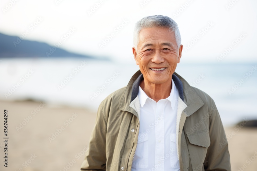 Portrait of happy senior man standing on beach and looking at camera Portrait of happy senior man standing on beach and looking at camera