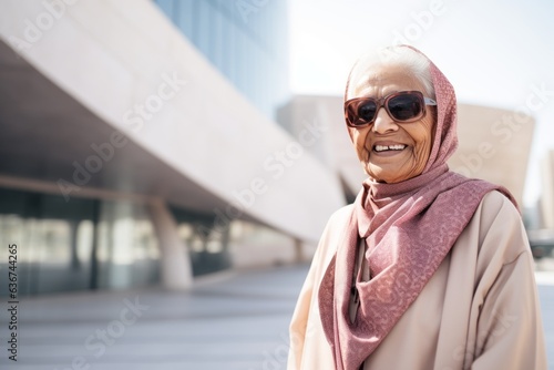 Portrait of a 100-year-old elderly Saudi Arabian woman in a modern architectural background wearing a chic cardigan