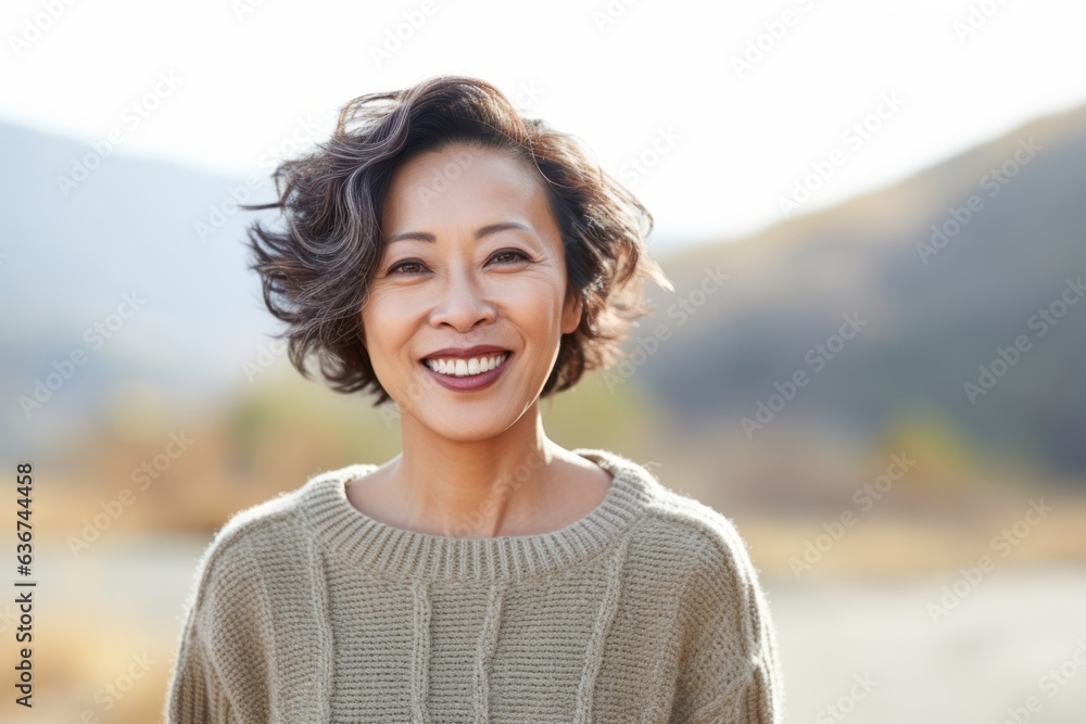 Portrait of a Chinese woman in her 40s in an abstract background wearing a cozy sweater Portrait of a Chinese woman in her 40s in an abstract background wearing a cozy sweater