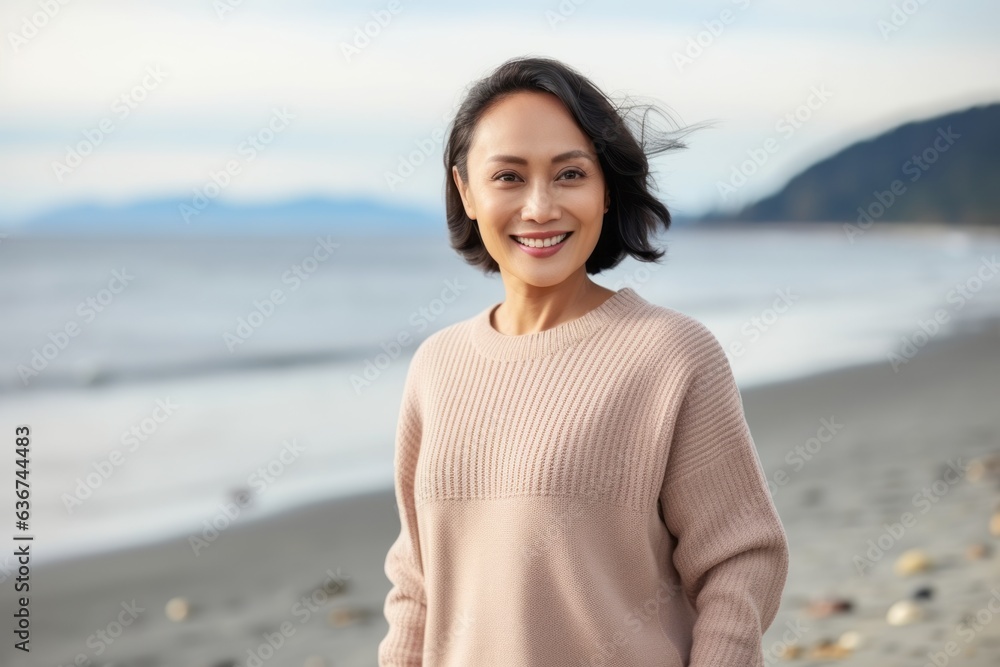 Portrait of smiling young woman standing on the beach at autumn day Portrait of smiling young woman standing on the beach at autumn day