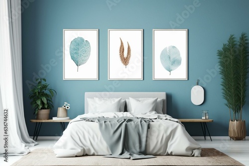 Bright blue Scandinavian bedroom with three vertical frames and mockup poster against boho wall background. Generative AI