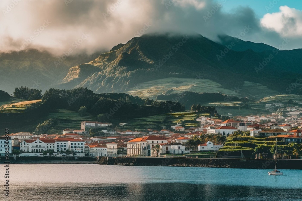 Scenic view of Azores, Portugal's Ponta Delgada Island with mountains. Generative AI