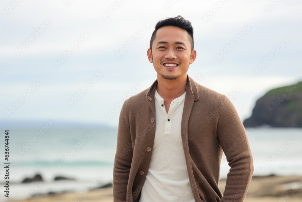 Portrait of a young handsome asian man smiling on the beach