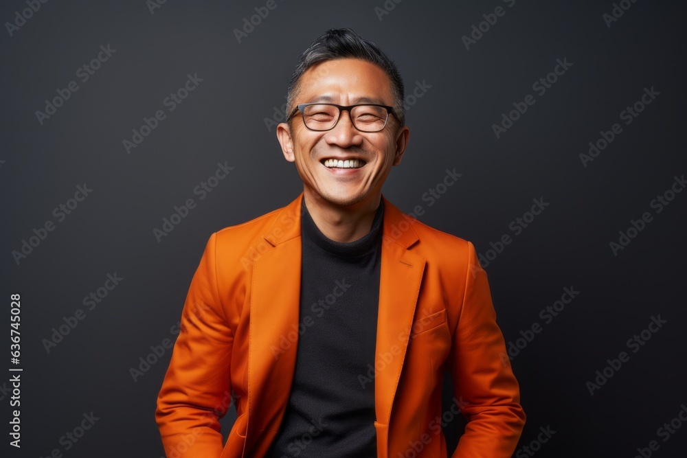 Fototapeta premium Portrait of a Chinese man in his 40s in an abstract background wearing a chic cardigan