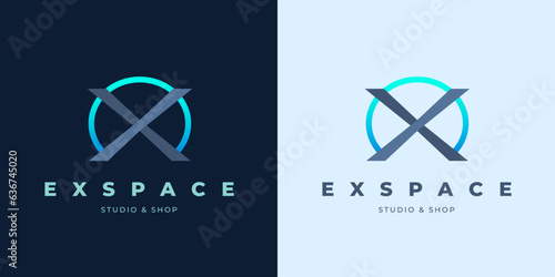 Futuristic modern tech logo with letter X and blue arc. Corporate sign template.