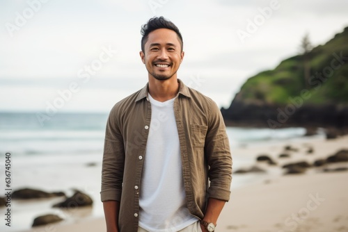 Portrait of a handsome asian man smiling at camera while standing on the beach