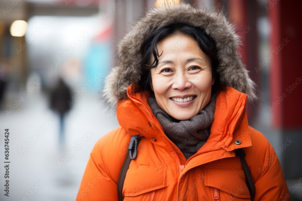 Portrait of a Chinese woman in her 50s in an abstract background wearing a warm parka Portrait of a Chinese woman in her 50s in an abstract background wearing a warm parka