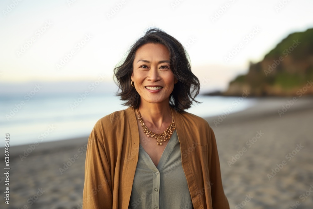 Portrait of happy mature Asian woman smiling at the beach at sunset Portrait of happy mature Asian woman smiling at the beach at sunset