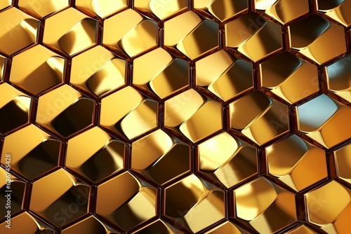 Luxurious wall made of shiny hexagonal tiles in gold color. 3D rendered background. Generative AI