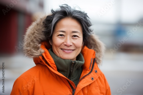 Portrait of a Chinese woman in her 50s in an abstract background wearing a warm parka