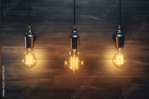 Three hanging light bulbs with two plugged in and one bulb attached to the wall. Generative AI