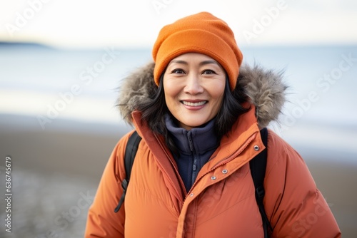 Obraz na płótnie portrait of smiling asian woman in winter jacket and hat on beach w salonie