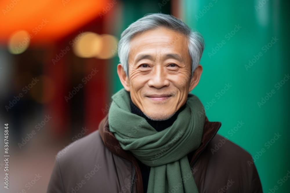 Medium shot portrait of a Chinese man in his 60s in an abstract background wearing a foulard