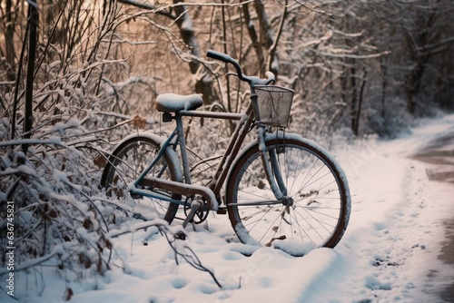 Bicycle parked atop snowy path. Generative AI