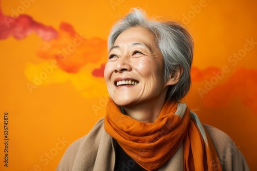 Portrait of a Chinese woman in her 70s in an abstract background wearing a cozy sweater