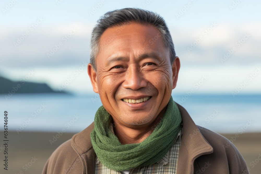 Happy asian senior man wearing a scarf and coat on the beach Happy asian senior man wearing a scarf and coat on the beach