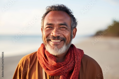 Portrait of a Indonesian man in his 50s in a beach background wearing a charming scarf