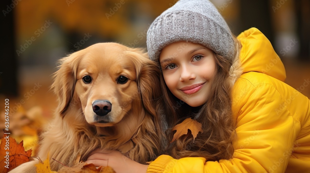 Smiling young girl with walking her beagle dog on an autumns day in autumn forest created with Generative AI technology.