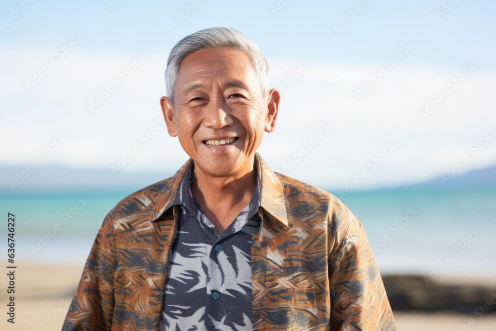 Portrait of happy senior asian man looking at camera on the beach