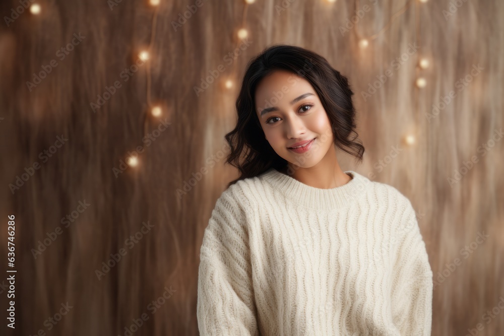 Fototapeta premium Portrait of a Indonesian woman in her 20s in an abstract background wearing a cozy sweater