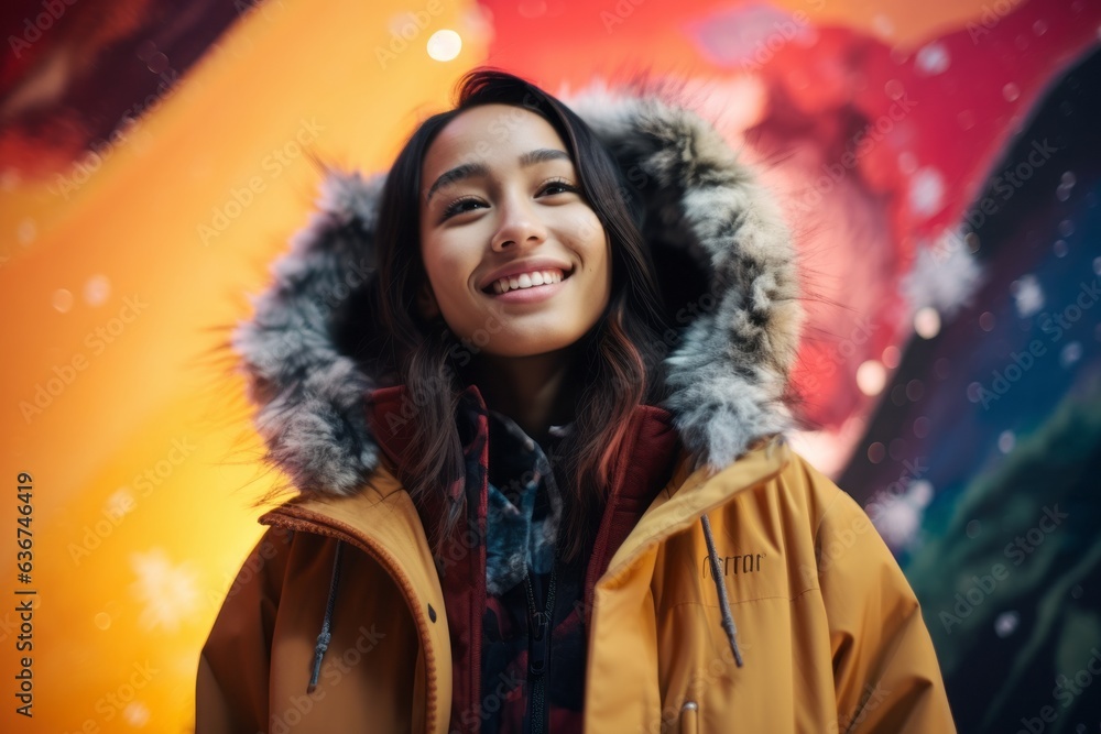 Portrait of a Indonesian woman in her 20s in an abstract background wearing a warm parka