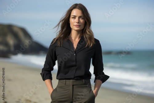 Obraz na płótnie Portrait of a beautiful young businesswoman standing on the beach. w salonie