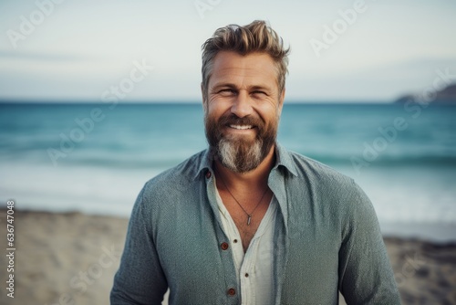 Portrait of handsome man smiling at camera on the beach at the day time