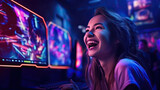 Happy girl an esports gamer player behind the monitor is happy to win an cybersports game competition. Generative Ai