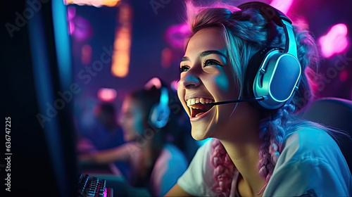 Happy girl an esports gamer player behind the monitor is happy to win an cybersports game competition. Generative Ai