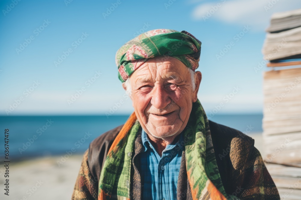 Portrait of an elderly man with a scarf on the beach. Portrait of an elderly man with a scarf on the beach.