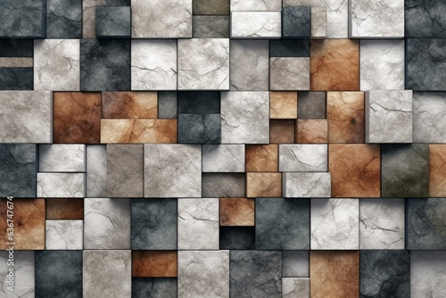 A textured  polished wall with natural stone tiles. 3D rendered wallpaper with square stone blocks. Generative AI