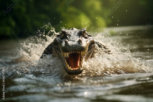 Self-taken photo of alligator swimming upstream in a fast stream. Generative AI photo