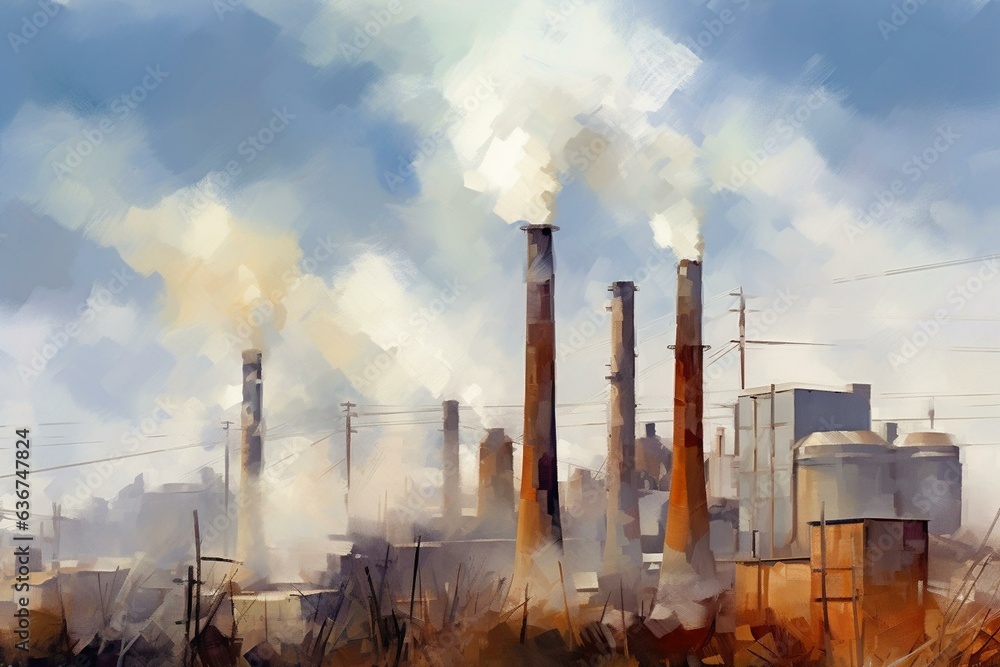 Blurry smoking factory chimneys against sky. Generative AI