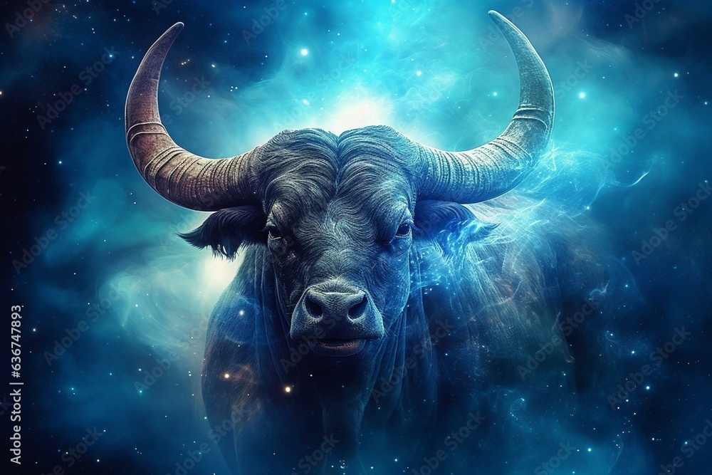 Blue zodiac Taurus image with symbol, horoscope, stars, and nebula. Generative AI