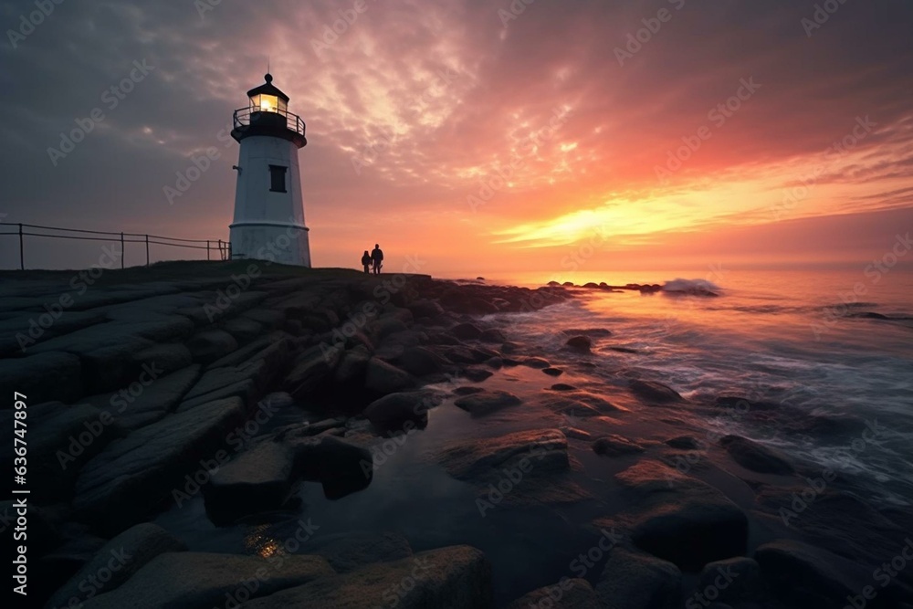 Dawn by a lighthouse on the coast. Generative AI