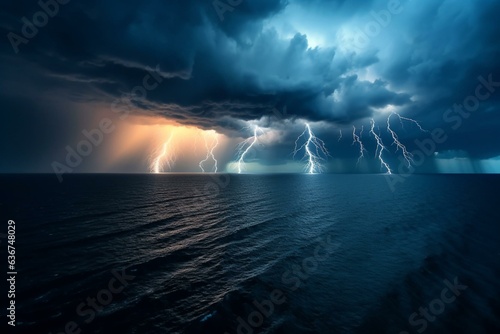Fierce electrical storm above ocean. Generative AI