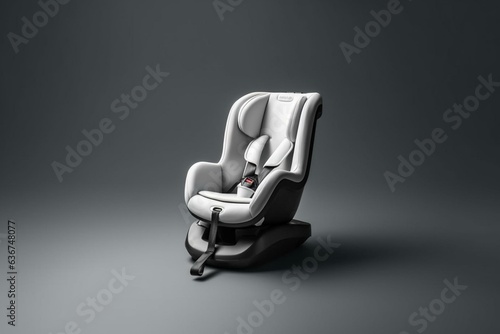 Monochrome 3d render of a child car seat isolated on blue background with shadow. Represents child safety, protection and safe driving. Generative AI