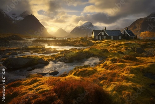 A stunning Lofoten Norway landscape with wild polar mosses  little cabins in the distance  and golden sunlight. Generative AI