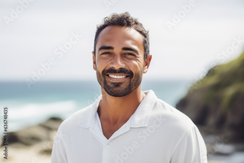 Portrait of smiling man standing on beach at the day time with ocean in background