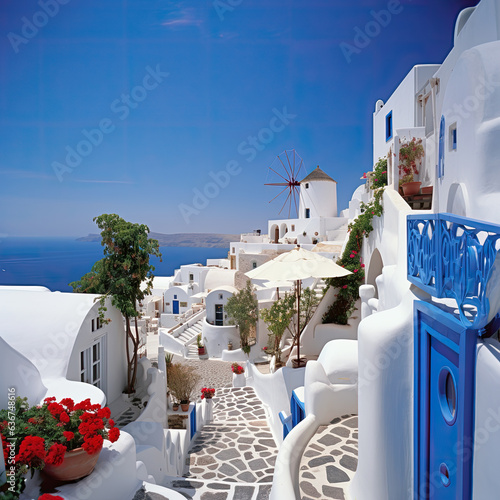 Stunning picturesque landscape of Santorini island, Greece. White-washed houses and blue doors