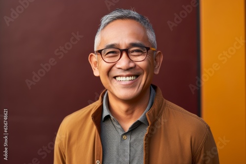 Portrait of a Indonesian man in his 50s in an abstract background wearing a chic cardigan