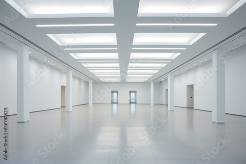 An airy and illuminated art exhibition space featuring pristine blank walls. Generative AI