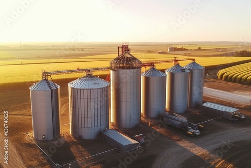 Bird's-eye view of ventilated silos and metal elevator in agricultural area for long-term grain and oilseed storage. Generative AI