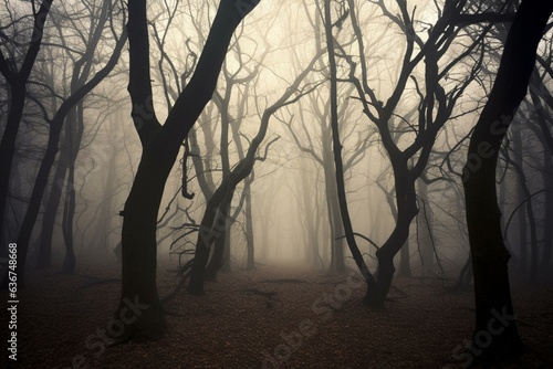 Eerie foggy woods with tree shadows. Perfect for Halloween. Generative AI